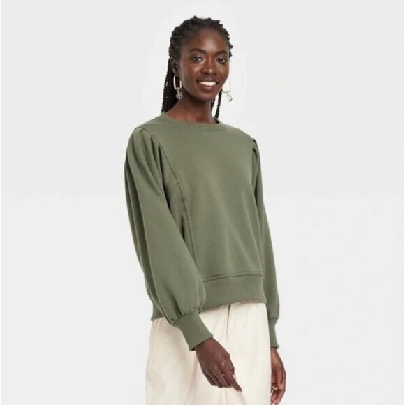 A New Day Olive Green Crew Neck Puff Sleeve Cropped Sweatshirt Womens Size Small - Picture 1 of 9